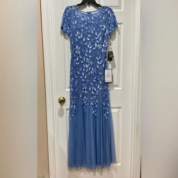Beautiful Adrianna Papell Blue Dress with Floral Beaded & Sequins Embroidery - Picture 2 of 15